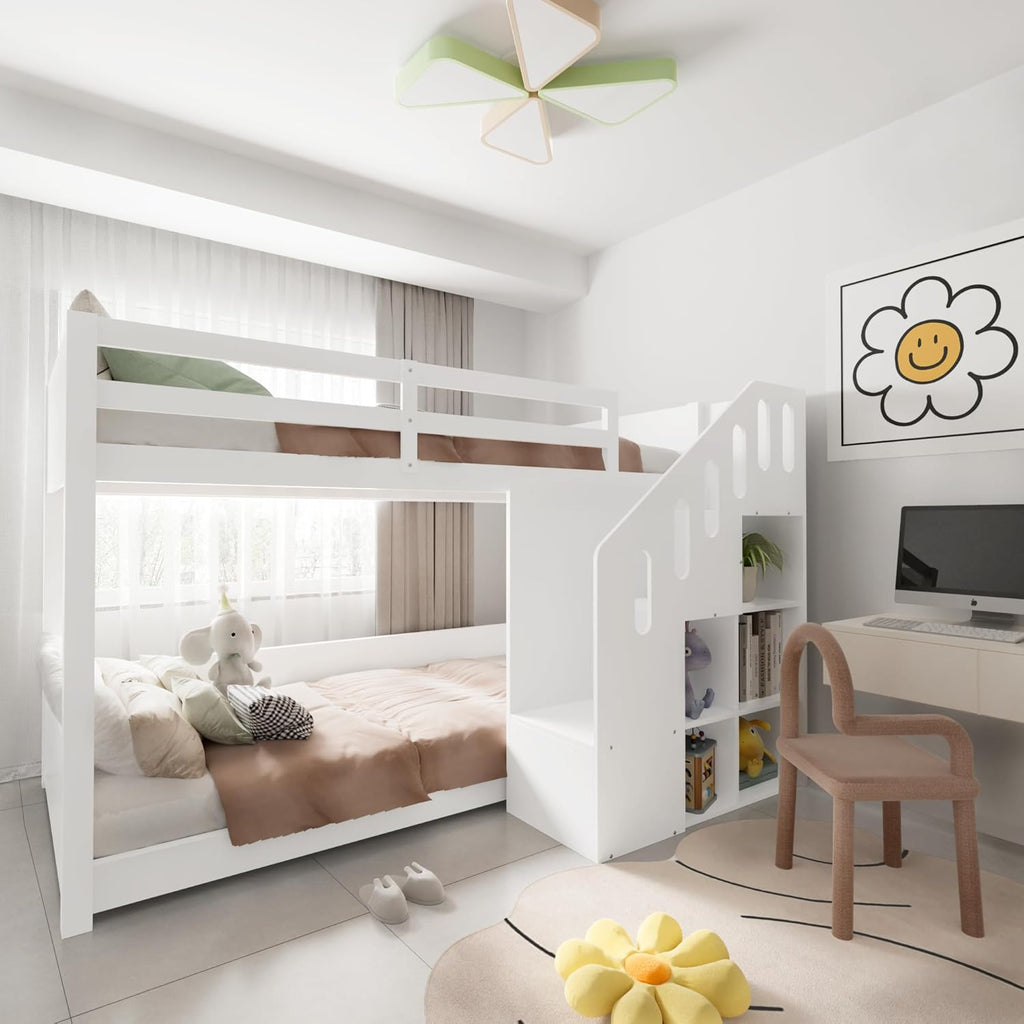 Hochbett Etagenbett 2 Kinder 90x200 cm mit Treppe, Kinderbett Mit & Schließfächern & Rausfallschutz, Kinderzimmer kinderhochbett, Stockbett für Mädchen Junge, Weiß