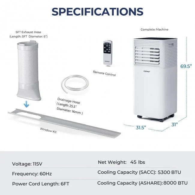 Aire Acondicionado Portátil 3 en 1 de 8000 BTU con Deshumidificador y Modo Ventilador