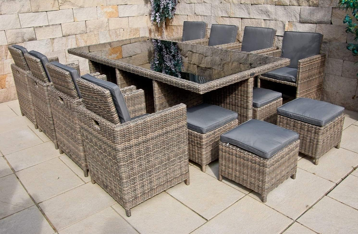 PolyRattan - Deutscher Hersteller - 10 Jahre GARANTIE auf UV-Beständigkeit - Gartenmöbel Essgruppe Tisch 8 Stuhl Hocker Polster Rostfrei Aluminium Dining Lounge Naturfarben Grau Schwarz