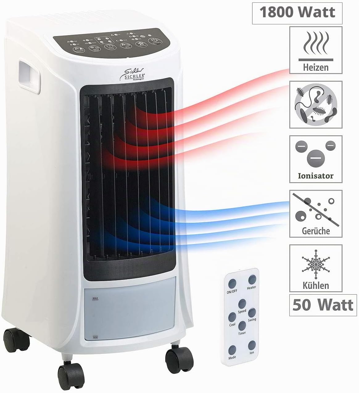 Sichler Haushaltsgeräte Kühl und Heizgerät: 4in1-Luftkühler, befeuchter, Ionisator, Heizgerät, 4l, 1800W, 240ml/h (Heiz und Kühlgerät, Klimagerät Kühlen, Klima)