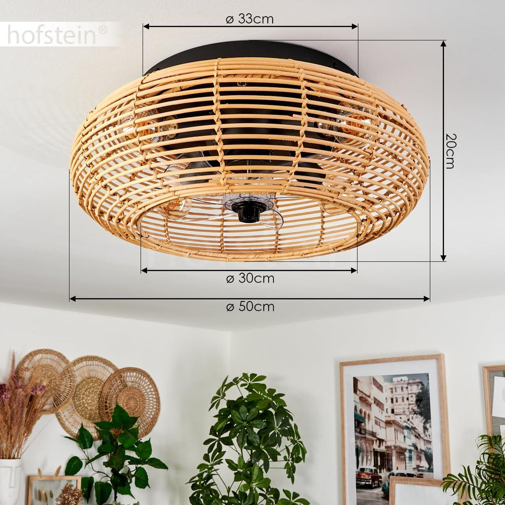 HOFSTEIN Deckenventilator Mulstrand, Ventilator aus Metall/Bambus in Schwarz/Natur mit Fernbedienung, Auf-/Abwind-Funktion u. Lichteffekt an der Decke, Deckenleuchte 4-flammig Ø 50cm, 4x E27, 3 Stufen