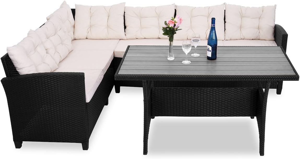 Casaria® Polyrattan Ecklounge Set WPC Esstisch Ecksofa inkl. 7cm Sitzauflagen 15cm Kissen Wetterfest Outdoor Lounge Garten Terrasse Balkon Möbel Schwarz