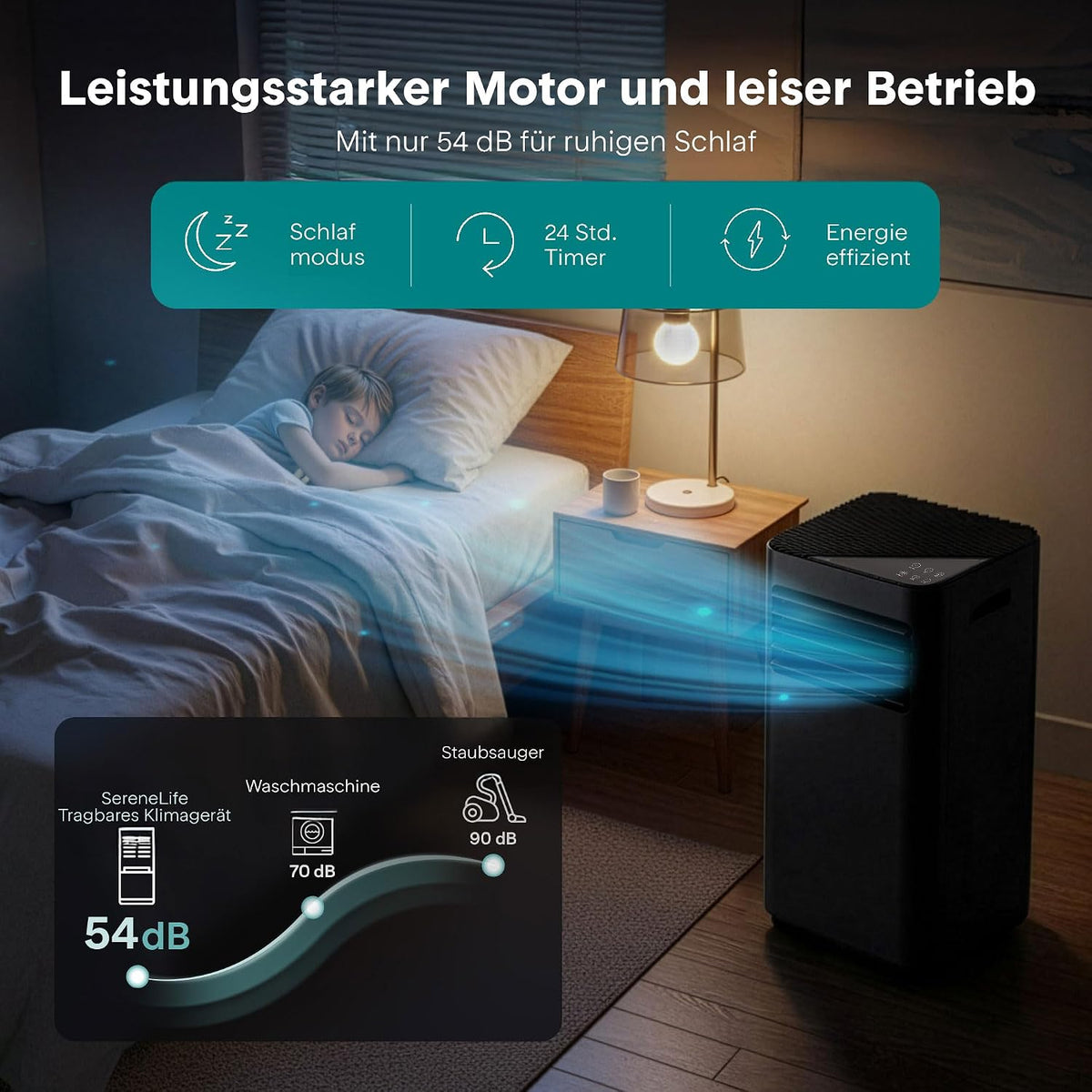 SereneLife Schwarz Mobiles Klimagerät 9000 BTU 2,64kW für 28 m² – Air Conditioner mit Abluftschlauch, 3-in-1 mit Entfeuchter und Ventilator, Leise 54 dB, inkl. Fensterkit und Fernbedienung