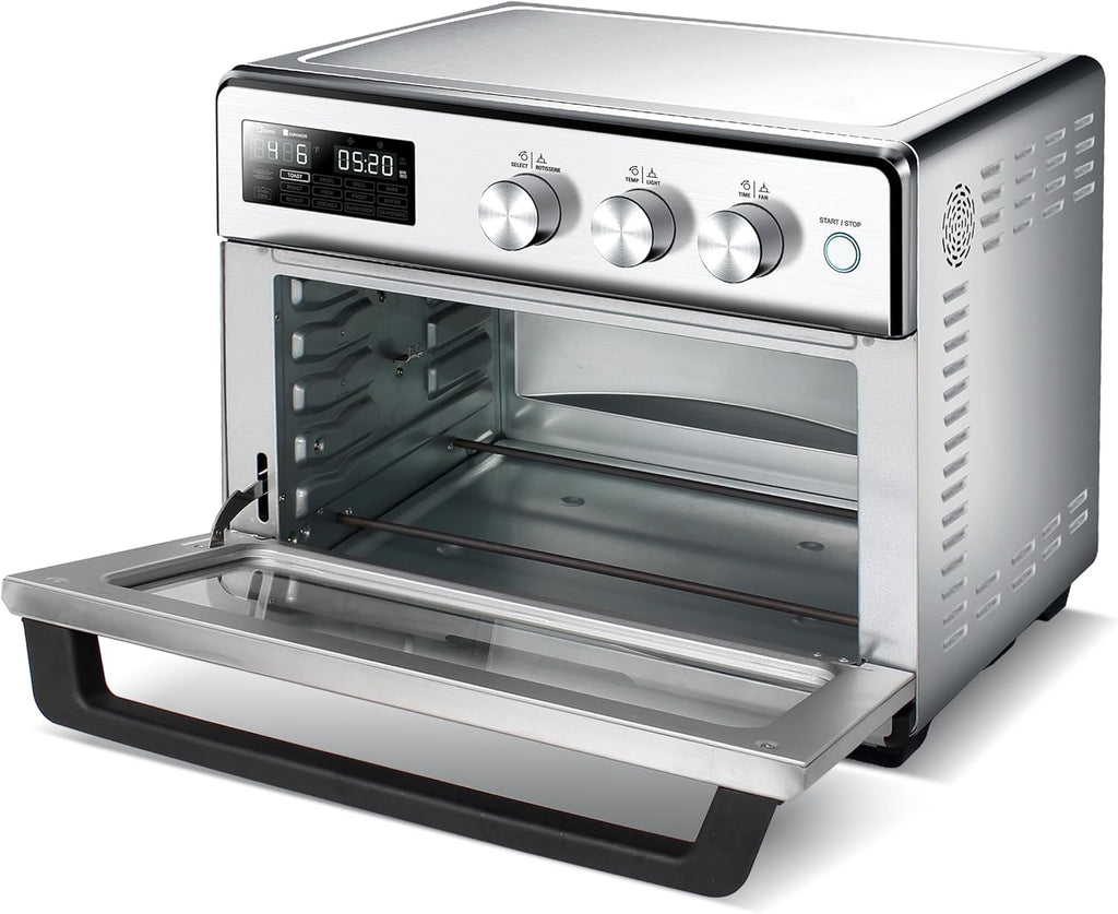 TurboTronic digitaler Heißluftofen - XXL 32 Liter mit Drehspieß für Hähnchen 5 in1 Mini Backofen, Dörrer & Power Heißluftfritteuse Airfryer ab 25°C