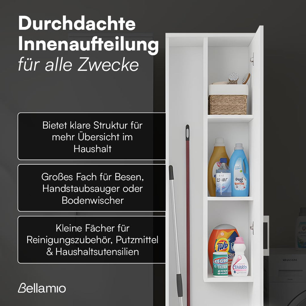 Bellamio Apol Besenschrank - Mehrzweckschrank 40 cm breit Weiß - Vorratsschrank mit Staubsaugerfach - Putzschrank aus Holz - Flurschrank mit Stauraum - Haushaltsschrank - Allzweckschrank 176x33x40 cm