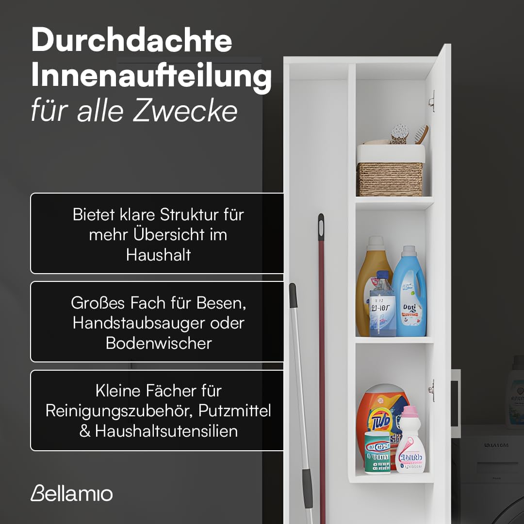Bellamio Apol Besenschrank - Mehrzweckschrank 40 cm breit Weiß - Vorratsschrank mit Staubsaugerfach - Putzschrank aus Holz - Flurschrank mit Stauraum - Haushaltsschrank - Allzweckschrank 176x33x40 cm