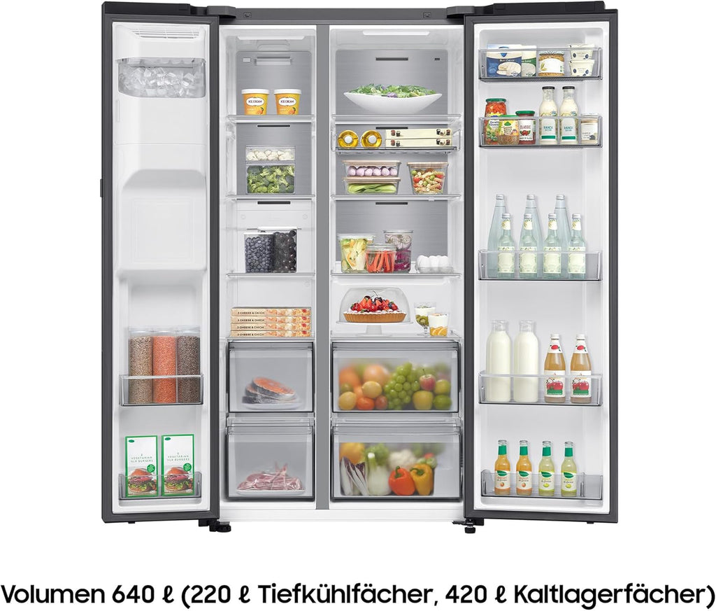 Samsung RS80F64KEFEF Side-by-Side Kühl-Gefrierkombination, AI Kühlschrank mit Gefrierfach, 178,4 cm, 640 l, Eis-/Wasserspender mit Festwasseranschluss, AI Voice Control & Energy Mode, Black Steel