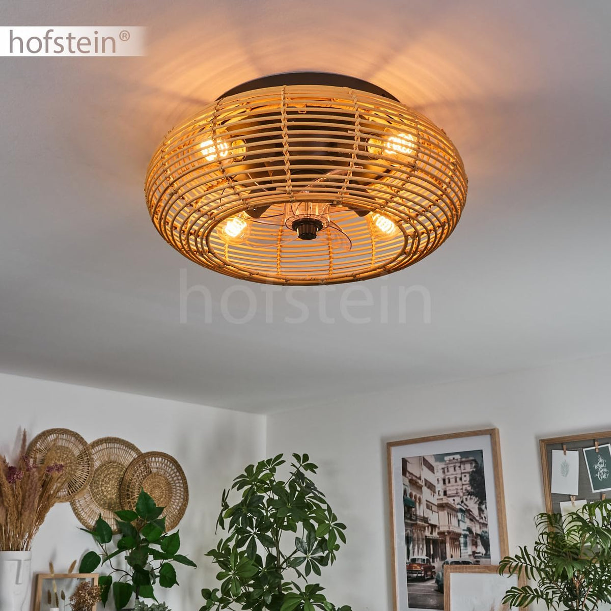 HOFSTEIN Deckenventilator Mulstrand, Ventilator aus Metall/Bambus in Schwarz/Natur mit Fernbedienung, Auf-/Abwind-Funktion u. Lichteffekt an der Decke, Deckenleuchte 4-flammig Ø 50cm, 4x E27, 3 Stufen