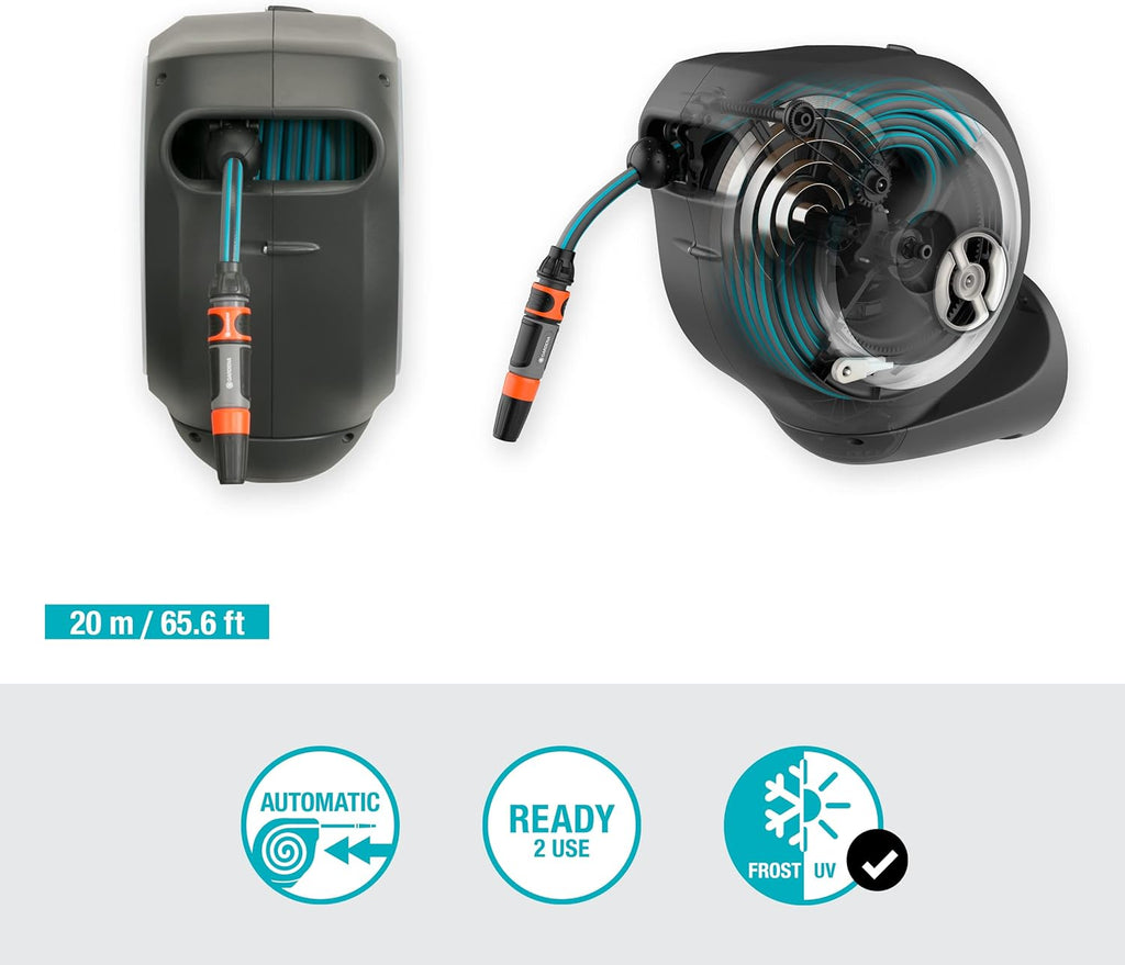 Gardena Wand-Schlauchbox RollUp M 20 m: Flexible Bewässerung für mittelgroße Gärten, schwenkbare Schlauchtrommel, mit Wandhalterung, Systemteilen und Spritze inkl. 20 m Gardena Schlauch (18612-20)
