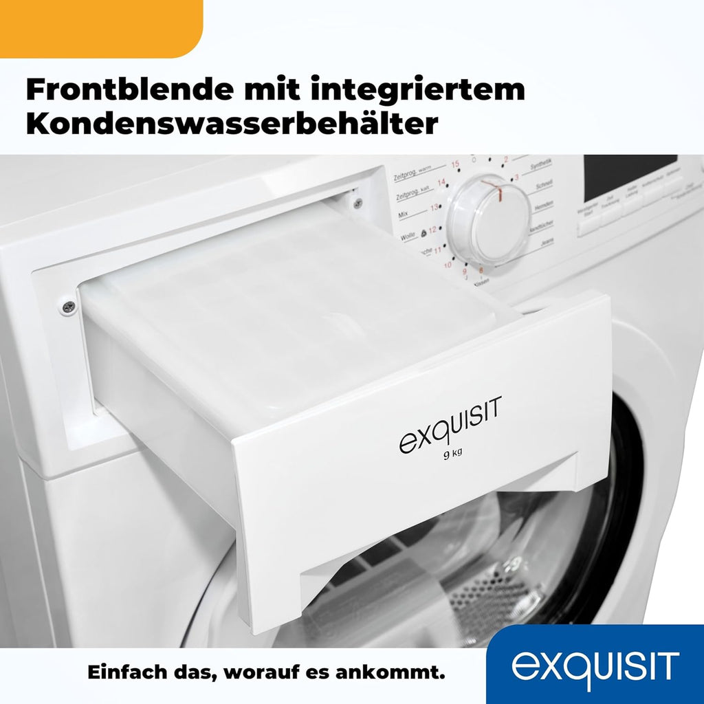 Exquisit Wärmepumpentrockner 9kg - leise Trocknung mit Knitterschutz, digitaler Anzeige & Schuhtray - TWP903-410 weiss