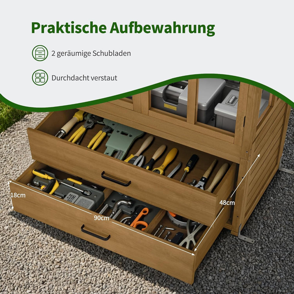 M MCombo Gartenschrank Gartenhaus Holz Wetterfest, Geräteschrank Gerätehaus Outdoor, für Außenbereich Balkon Terrasse, Gartenhütte mit 2 Bewegliche Regale, 58×107×180 cm, 1155 (Natur)