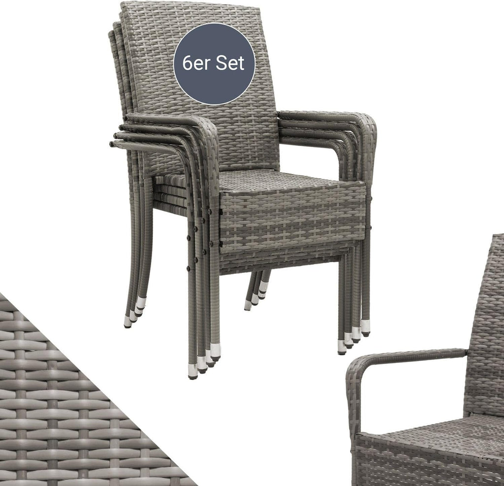 Juskys Polyrattan Gartenstühle Yoro 6er Set - mit Armlehnen & Rückenlehne 6 Stühle stapelbar - Rattan Stuhl Garten - Stapelstuhl Grau-meliert