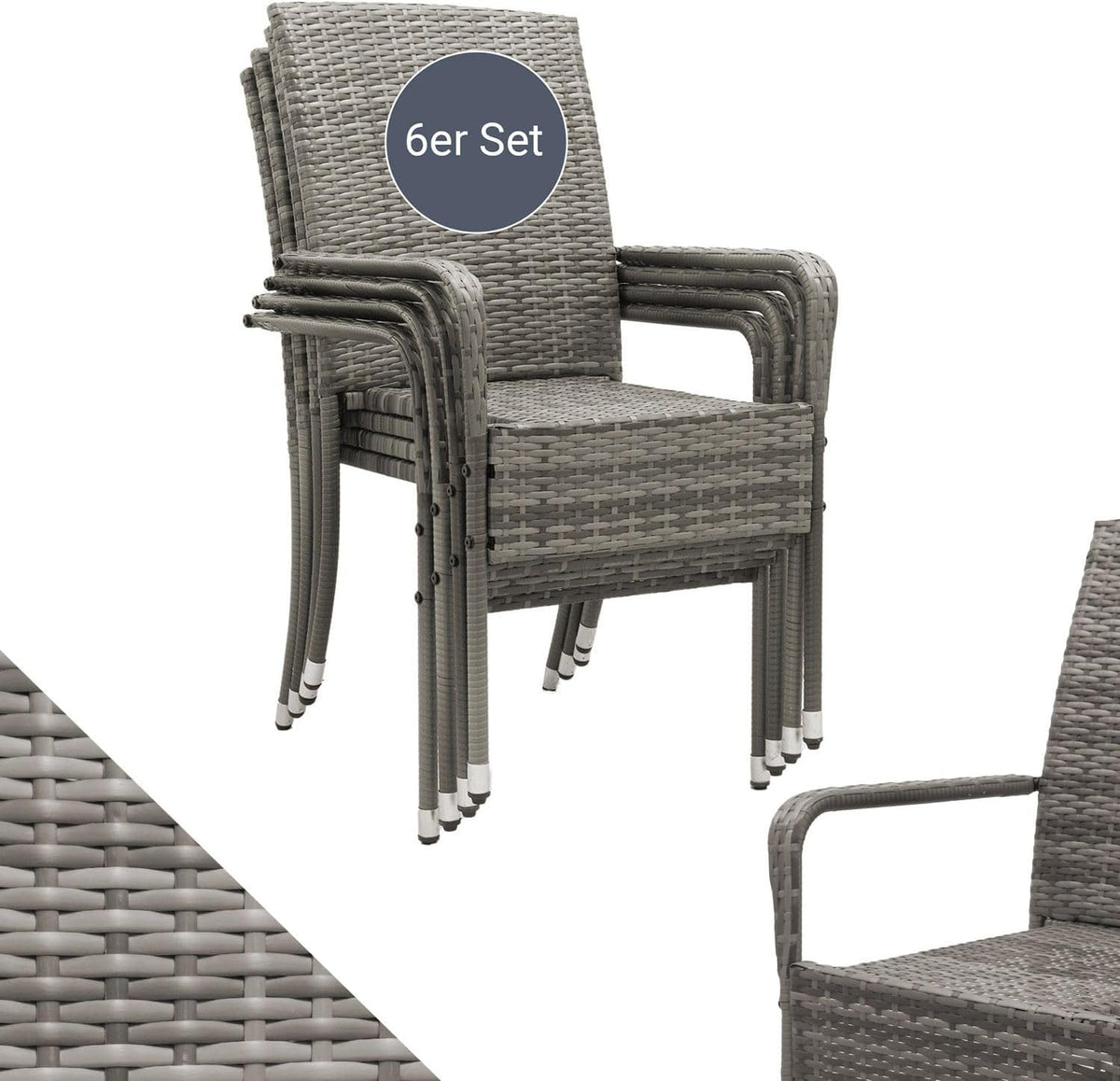 Juskys Polyrattan Gartenstühle Yoro 6er Set - mit Armlehnen & Rückenlehne 6 Stühle stapelbar - Rattan Stuhl Garten - Stapelstuhl Grau-meliert