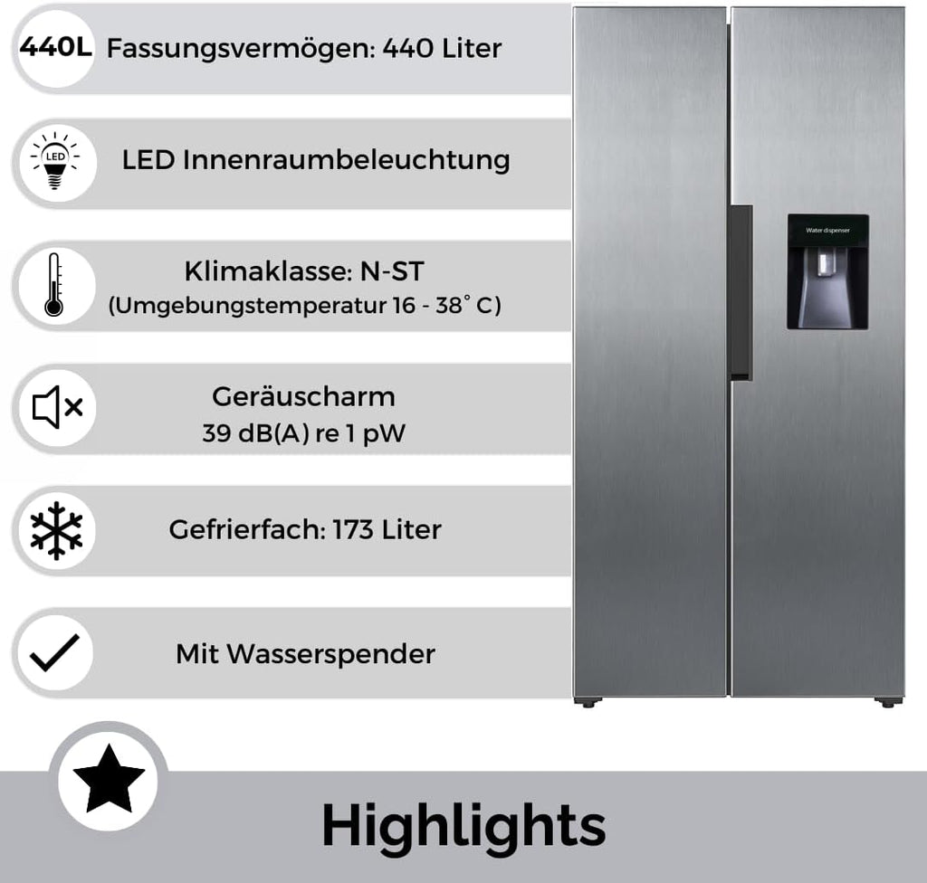 PKM SBS440NFWDESI Side by Side Kühl-Gefrierkombination 440 L | 2-türig mit Wasserspender | NoFrost | 173 Liter | 4 Sterne Gefrierfach | 41 dB | Freistehend