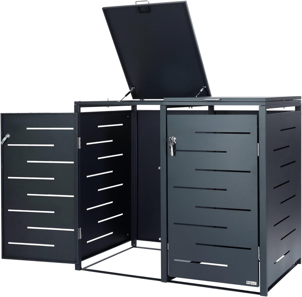 Zelsius Edelstahl Mülltonnenbox 4 Tonnen | 120-240 Liter | Anthrazit RAL 7016 | inkl. Erweiterungsmöglichkeit | Garten Müllhaus, Mülltonnenbox 4er, Aufbewahrungsbox für Mülltonnen