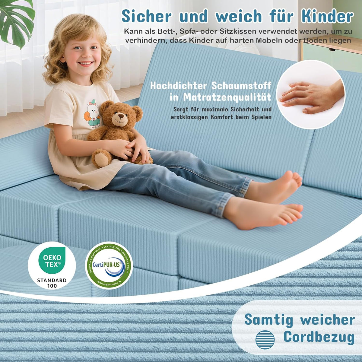 MAMIZO Spielsofa Cord, Kindersofa-Bausteine, 15-Teiliges Modulare Kinderspielcouch, Spielsofa für Kinder, Kindercouch Aufklappen Oeko-TEX, kreatives Spielen für Kuschelecke im Kinderzimmer (Blau)