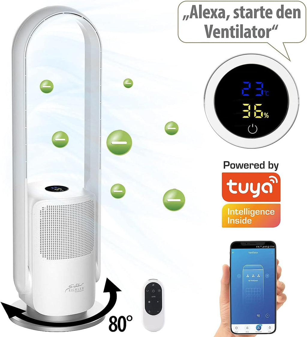 Sichler Haushaltsgeräte Turmventilator: Rotorloser 2in1-360°-Ventilator & Luftreiniger, WLAN, App, HEPA, 35 W (Turmventilator mit Luftreiniger, Ionisator, Ozon)