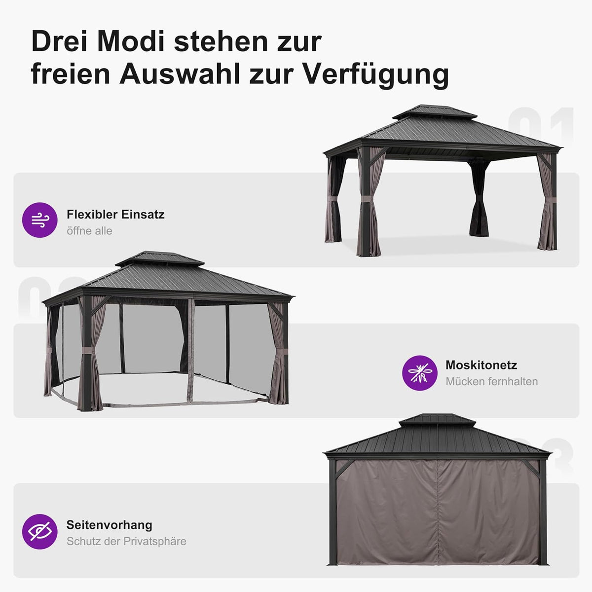 PURPLE LEAF Gartenpavillon 3.65 x 4.25 m Alupavillon Wasserdicht Stabil Winterfest Pavillon mit Stahldach Hardtop Pavillon 14.6 m 24 LED Lichterketten, Grau