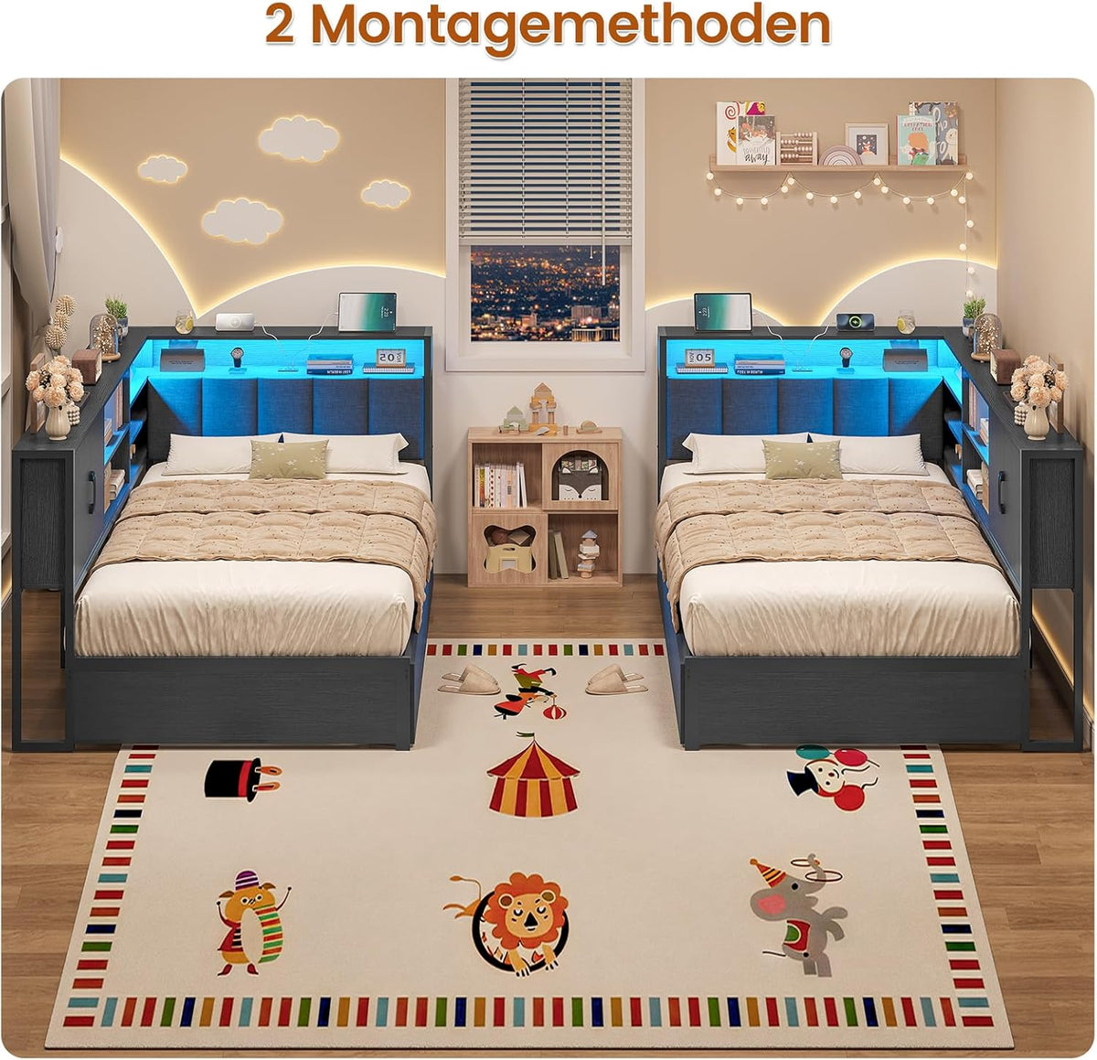 Polsterbett Schlafsofa 90x200 mit LED-Beleuchtung, Ladestation, Tagesbett, Jugendbett mit 2 Schubladen und Lattenrost aus Metall, Kopfteil mit Stauraum, Offene Regale, Schrank, Schwarz