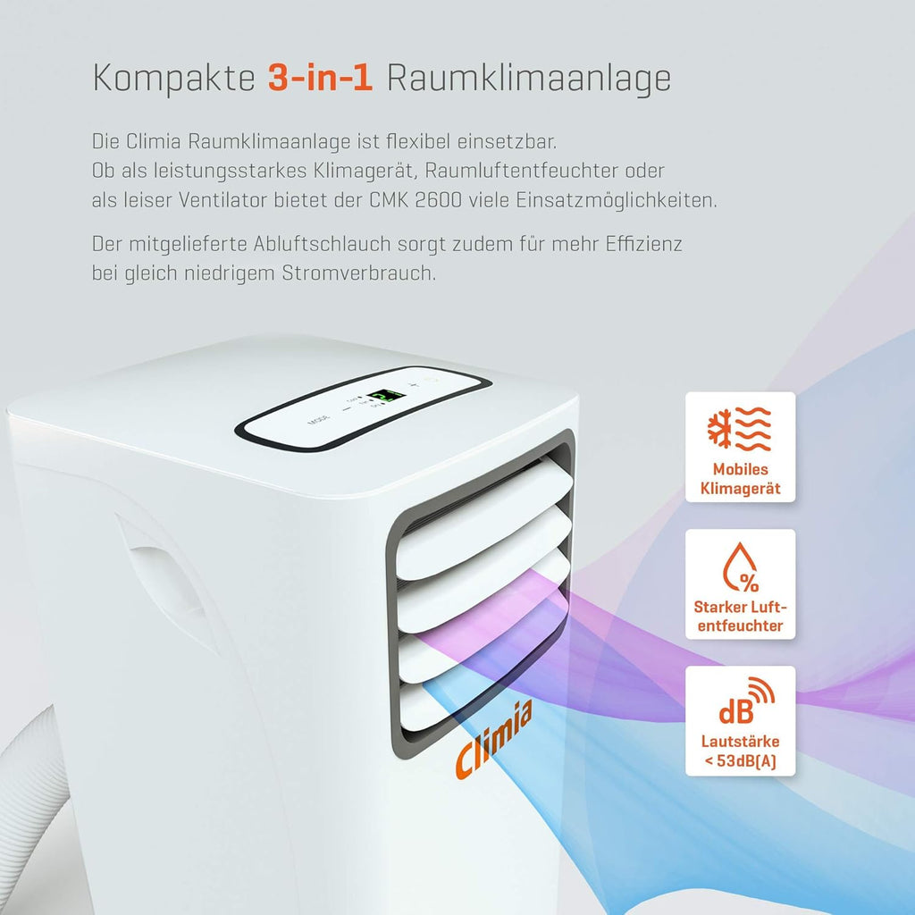 Climia CMK 2600 mobiles Klimagerät mit ökologischem Kühlmittel, 3-in-1 Klimaanlage – Aircondition, Ventilator und Luftentfeuchter