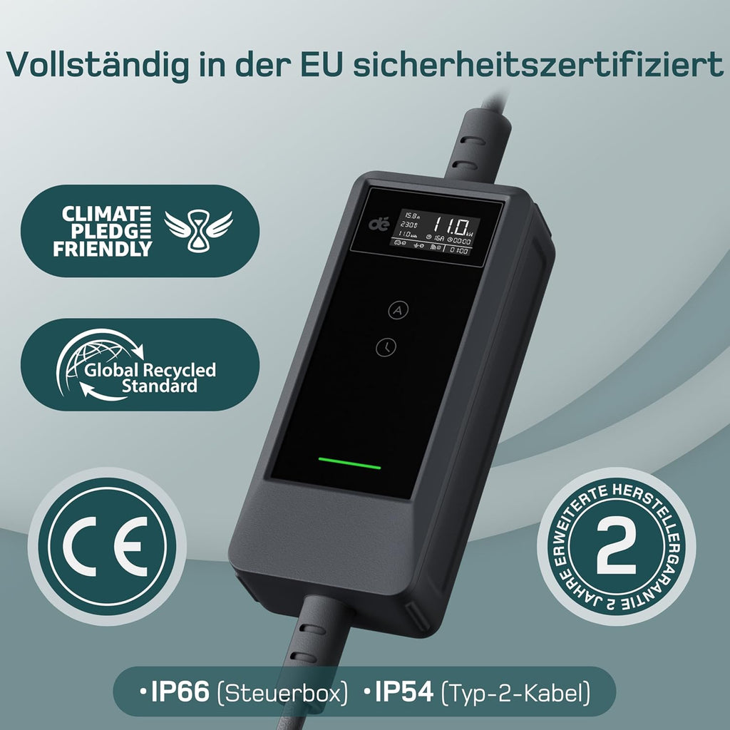 dé Mobile Wallbox 11kW mit APP 7 m | 3-phasig | 6–16 A], mit Traveller Set, CEE-16A 400V auf Typ 2 mit Einstellbarer Ladeleistung, EV-Charger für ID.3/4/5/7, IX1, Model 3/Y und andere BEV/PHEV