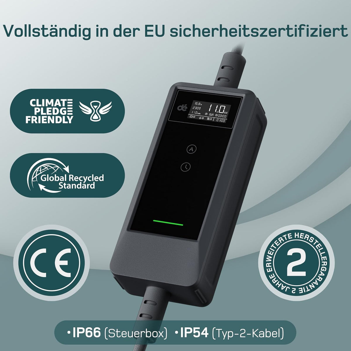 dé Mobile Wallbox 11kW mit APP 7 m | 3-phasig | 6–16 A], mit Traveller Set, CEE-16A 400V auf Typ 2 mit Einstellbarer Ladeleistung, EV-Charger für ID.3/4/5/7, IX1, Model 3/Y und andere BEV/PHEV