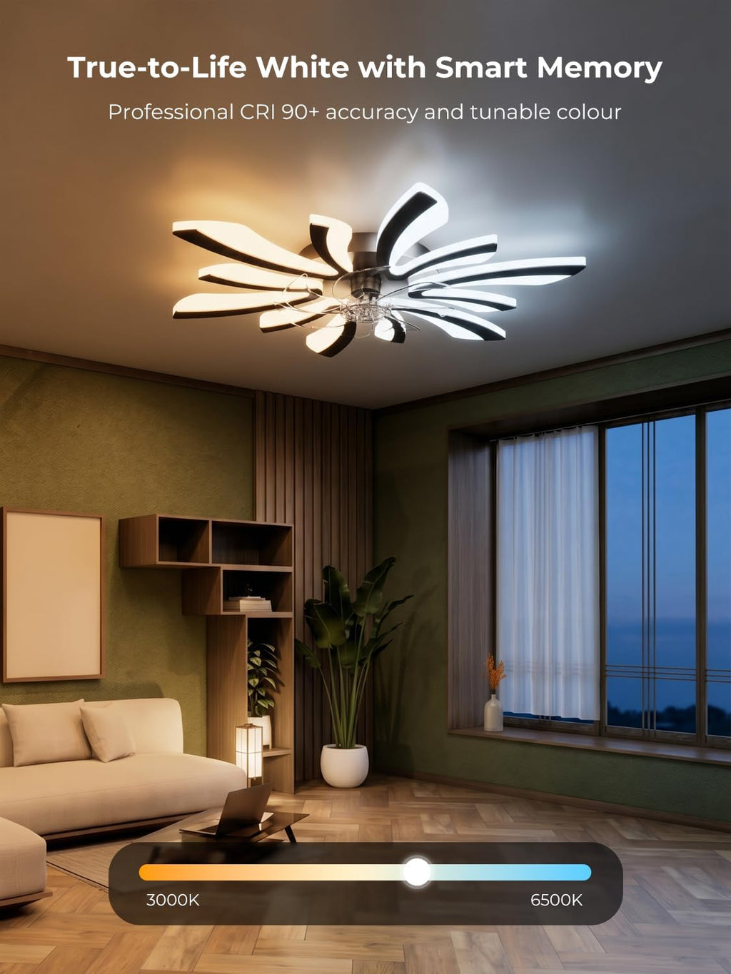 Smart Deckenventilator mit Beleuchtung, WiFi Lampe mit Ventilator Leise Kompatibel mit Alexa Google Home, Sprach/Fernbedienung/App Steuerung, für Schlafzimmer, Küche, Schwarz