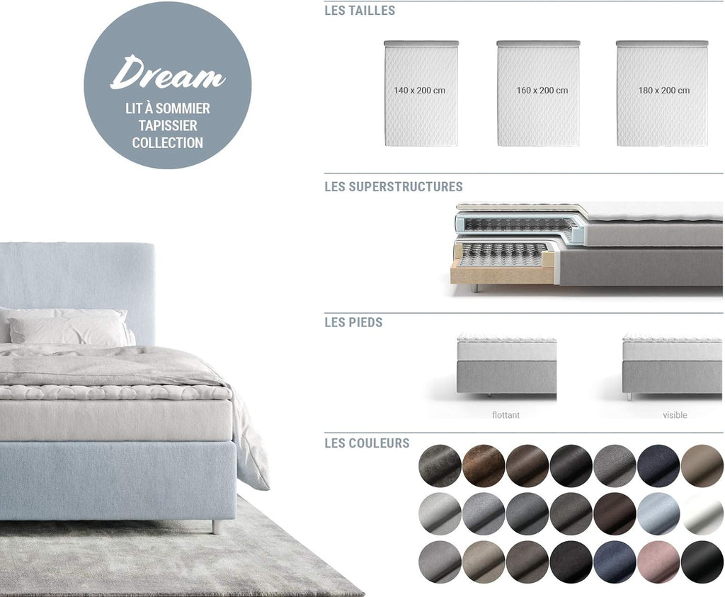 DELIFE Boxspringbett Dream-Great Mikrofaser Grau 180x200 cm mit Matratze und Topper