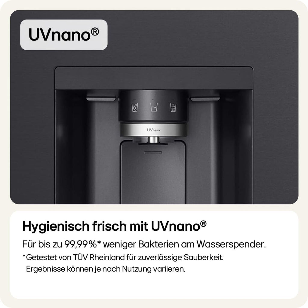 LG GSLE91EVAC Side by Side Kühlschrank, Klasse C, 628 L, Multi-Door Kühlschrank mit Gefrierfach, Eis-, Crushed Ice- Wasserspender mit UVnano, Total NoFrost, Smart Inverter Kompressor, Wi-Fi