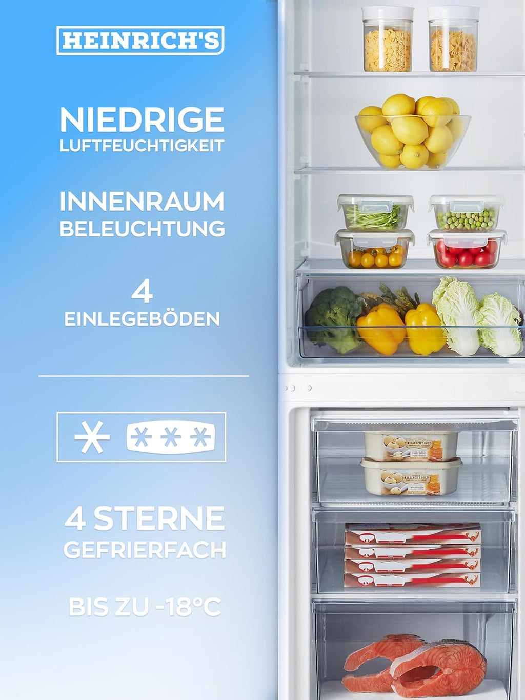 Heinrich´s Kühlgefrierkombination 269 Liter, Kühlvolumen 198L, Gefrierfach 71L,LED Beleuchtung,Kühlschrank Türanschlag wechselbar, leise 39dB,große Tiefkühlboxen, 7 Temperaturstufen, (inox)