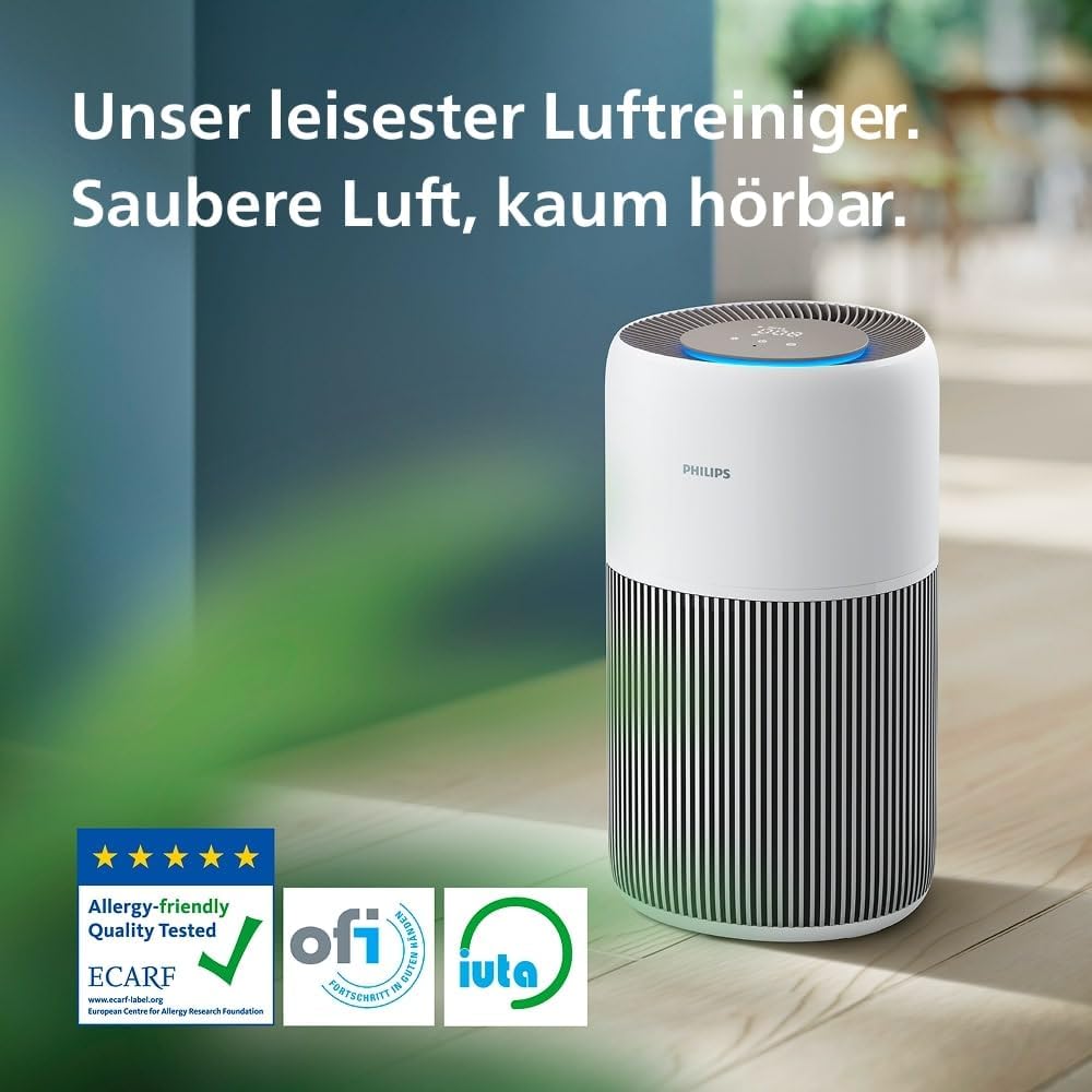 Philips Luftreiniger 2200 Series, HEPA NanoProtect + Aktivkohlefilter, CADR 400m³/h für 104m², Allergiker, Ultra-leise, Intelligenter und langlebiger Filter (AC2210/10)
