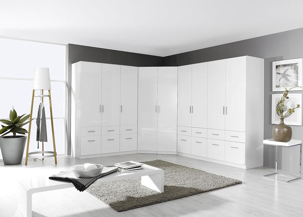 Rauch Möbel Celle Schrank Drehtürenschrank in Weiß/Hochglanz Weiß, 3-türig mit 6 Schubladen, inkl. Zubehörpaket Basic 1 Kleiderstange 2 Einlegeböden, BxHxT 136x197x54 cm