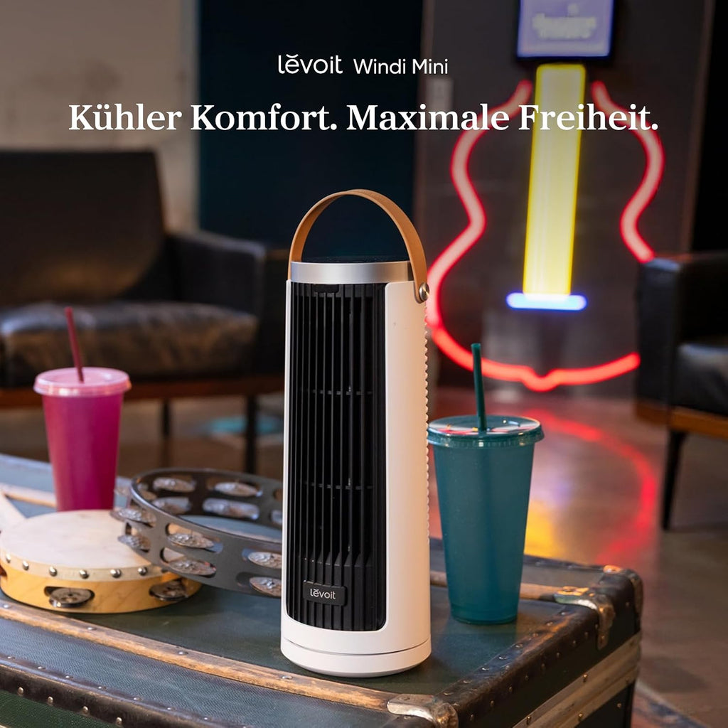 Levoit Kompakt Turmventilator DC Motor – leise ab 20dB Ventilator – 7m/s Kühlung – Tischventilator 5 Stufen/90° Oszillation/12 Std Timer/Fernbedienung – platzsparend, kleine Räume – Mondweiß, 33 cm