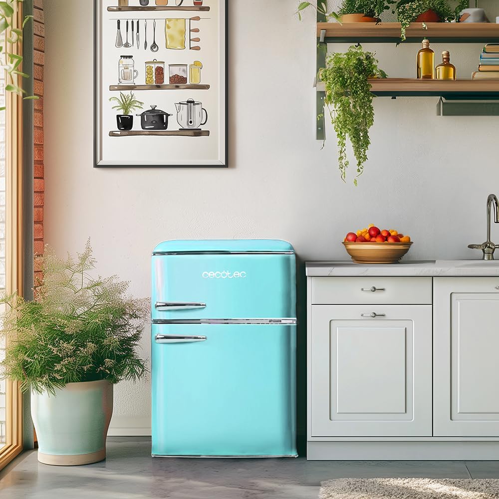 Cecotec Kleiner Kühlschrank - 2-türiger Kühlschrank - Retro 86L Bolero CoolMarket 2D Origin 86 Blue E. 89,3 cm Höhe und 48,7 cm Breite, Energieklasse E, Eisfach, Innenbeleuchtung und Chromgriff, Blau