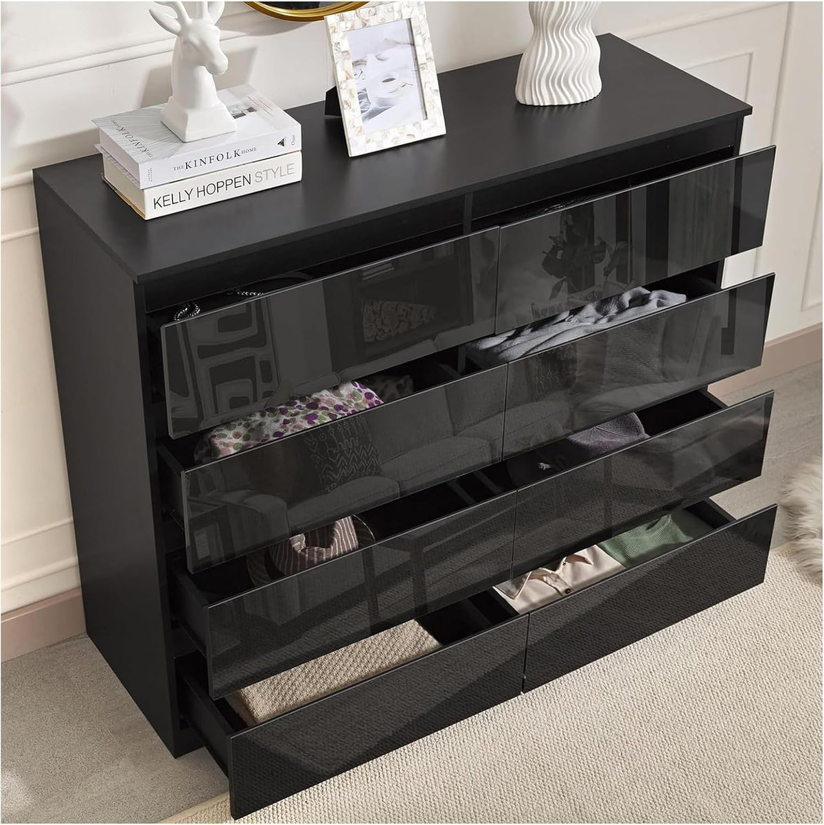 HTI living Sideboard Kenji 8 Schubladen Hochglanz Schwarz Kommode
