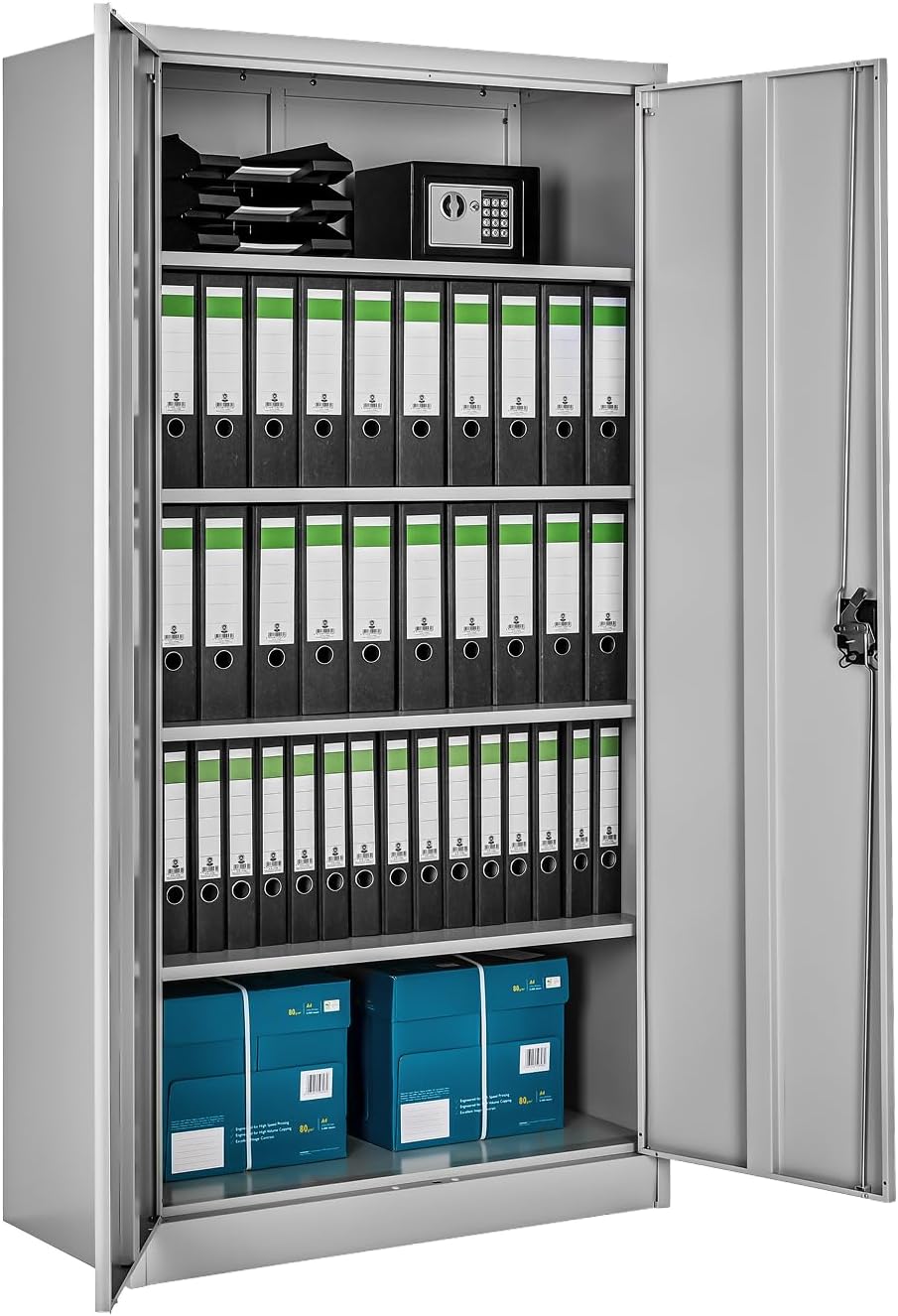 tectake® Aktenschrank, Büroschrank abschließbar, Mehrzweckschrank aus Stahl, Allzweckschrank mit 2 Türen, inkl. 3 höhenverstellbare Einlegeböden, Aktenschrank abschließbar 180x80x40 cm - grau