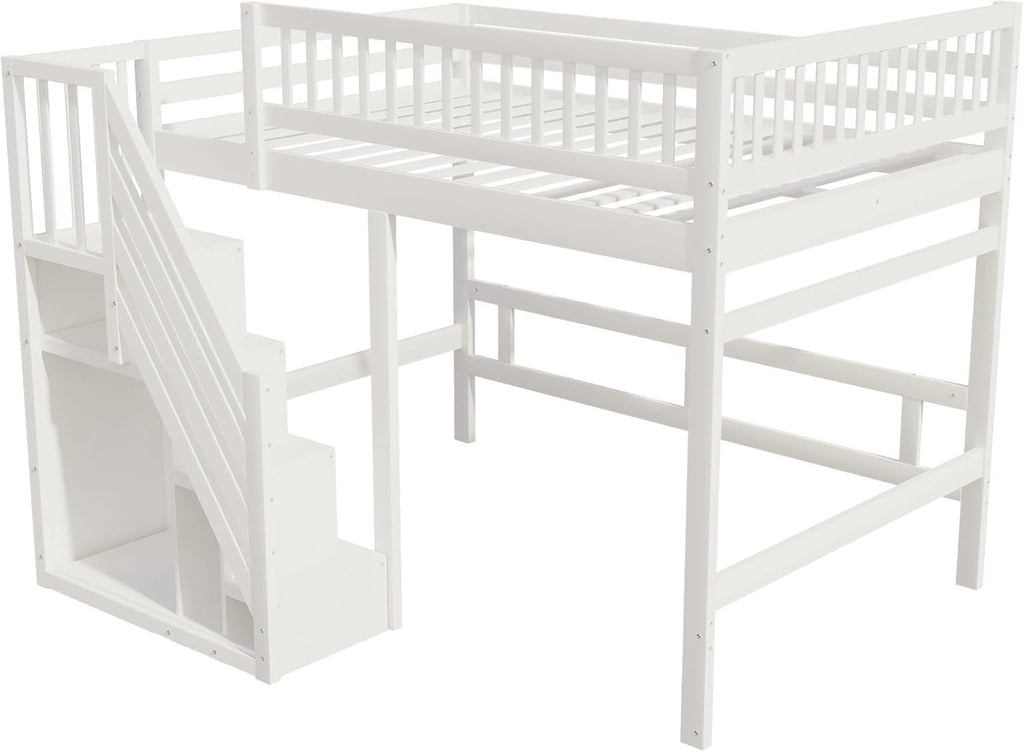 Kinderbett Etagenbett 140x200, Hochbett mit Treppe und Aufbewahrungsschrank, Multifunktionsbett Stockbett Spielbett Kinderhochbett Jugendhochbett mit Lattenrost & Rausfallschutz, Ohne Matratze, Weiß