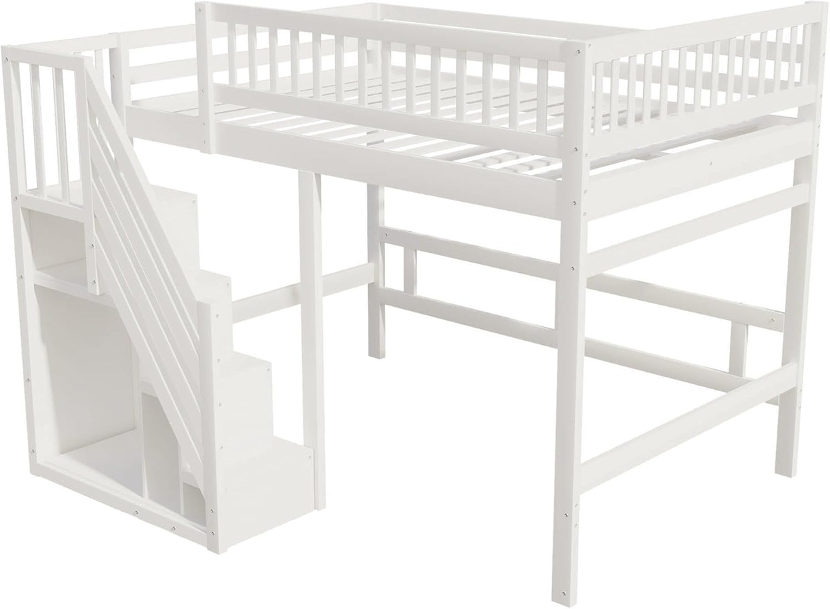 Kinderbett Etagenbett 140x200, Hochbett mit Treppe und Aufbewahrungsschrank, Multifunktionsbett Stockbett Spielbett Kinderhochbett Jugendhochbett mit Lattenrost & Rausfallschutz, Ohne Matratze, Weiß