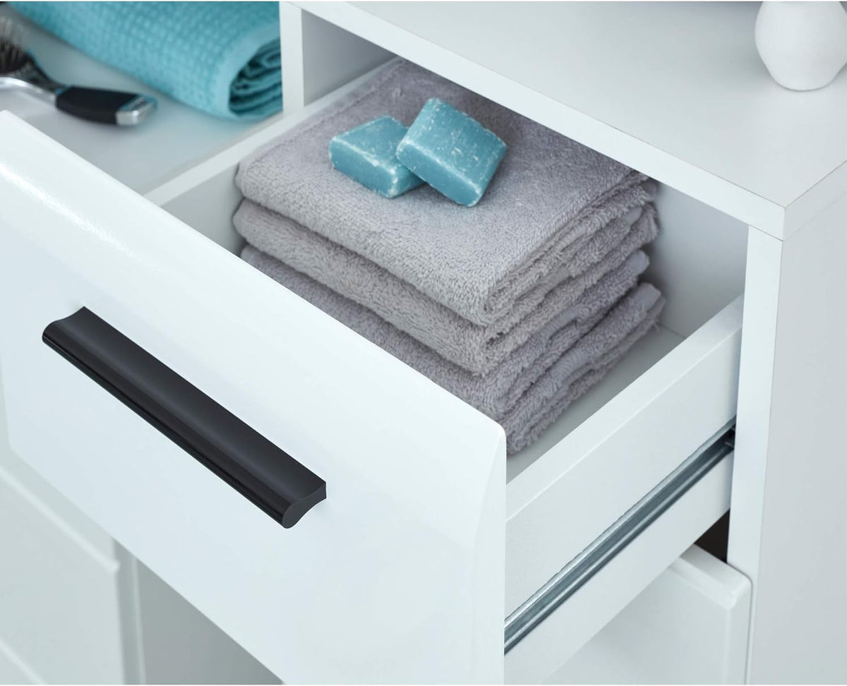 trendteam smart living - Skin - Hochschrank - Weiß/Weiß Hochglanz - Badschrank 12 Fächer und 2 Schubladen - (BxHxT) 30 x 182 x 31 cm - Schwarze Griffe - Kratzfest