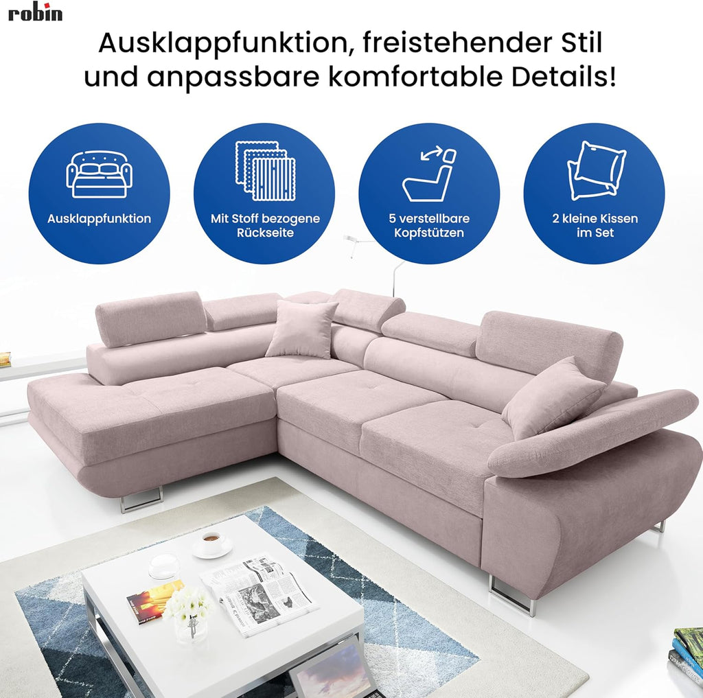 Robin Inspire Saturn Premium Ecksofa Schlaffunktion Bettkasten Verstellbare Kopfstützen Kissen Sofa L-Form Schlafsofa Freistehende Eckcouch Schlafcouch Wohnzimmermöbel Wohnlandschaft Links Braun Creme