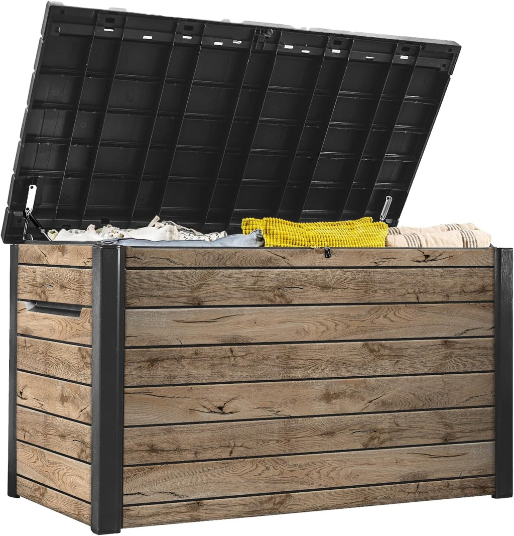 Koll Living Keter Gartenbox Ontario 870L | 147x83x86 cm cm | Kunststoff in Holzoptik (Pinie) | Deckel mit Gasdruckfedern | abschließbar