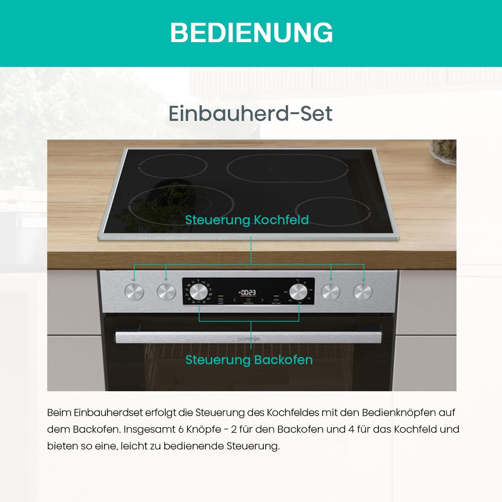 Gorenje Einbauherd-Set Heißluft Inox Set 4 mit Glaskeramik-Kochfeld / 77 Liter / ExtraSteam / GentleClose  und  Open / EcoClean / AirFry / PizzaMode / PerfectGrill / Teleskopauszüge / Inox-Look