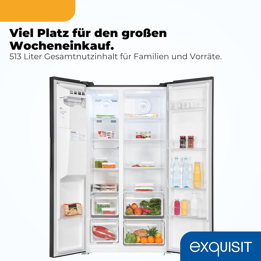 Exquisit Side by Side Kühl-Gefrierkombination | 513 l Nutzinhalt, Energieeffizienzklasse E, 39 dB, No Frost, Schnellgefrieren, Wasserspender, Ice-Maker, LED-Beleuchtung | SBS5520-CF-040E inoxlook-az