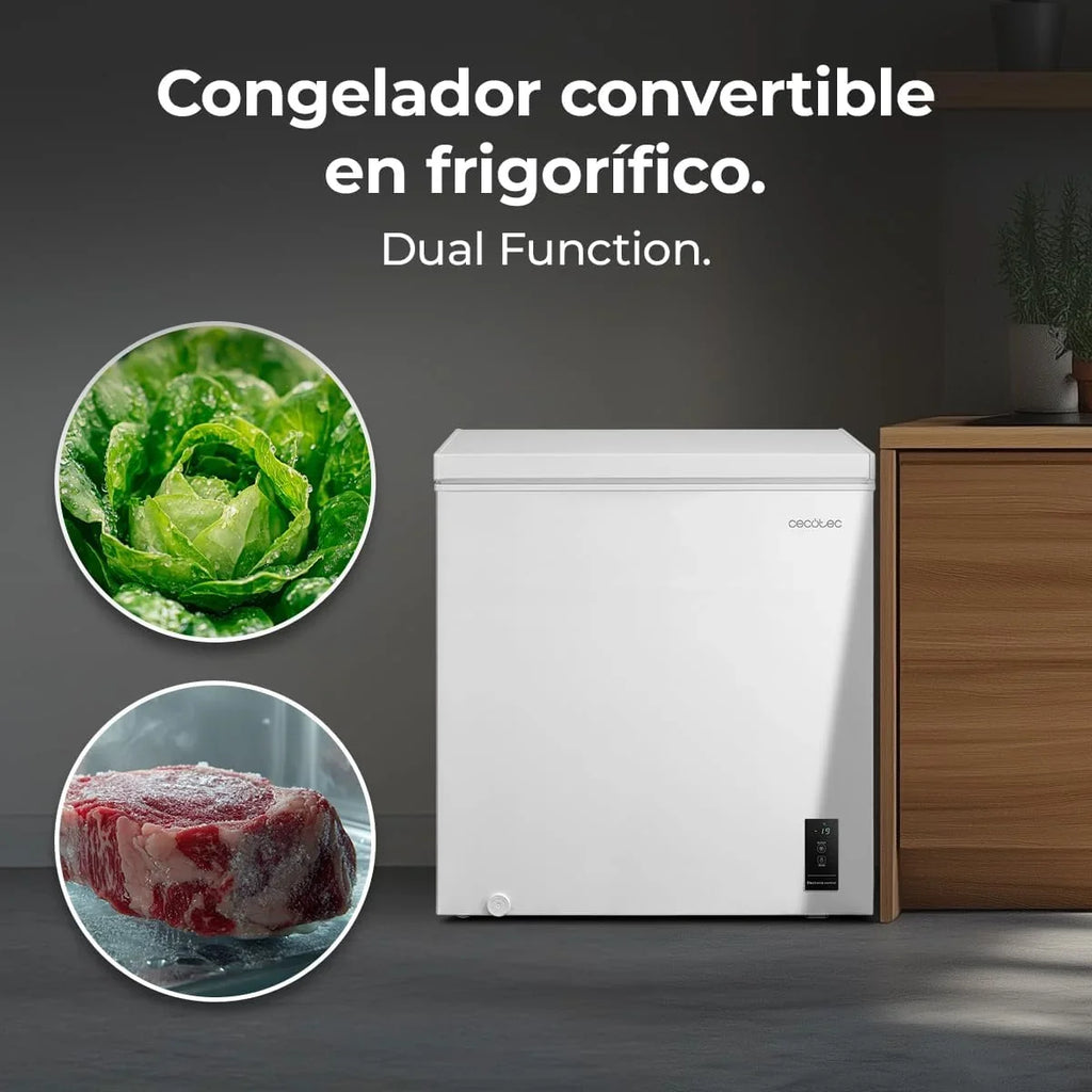 Cecotec Congelador Horizontal 198L Bolero CoolMarket Chest 198P White E. Cesta con Asas, Control Electrónico LED, UltraContact D-Cool, Dual Function, Puerta ZeroG (80º-30º), Fast Freezing, Compacto