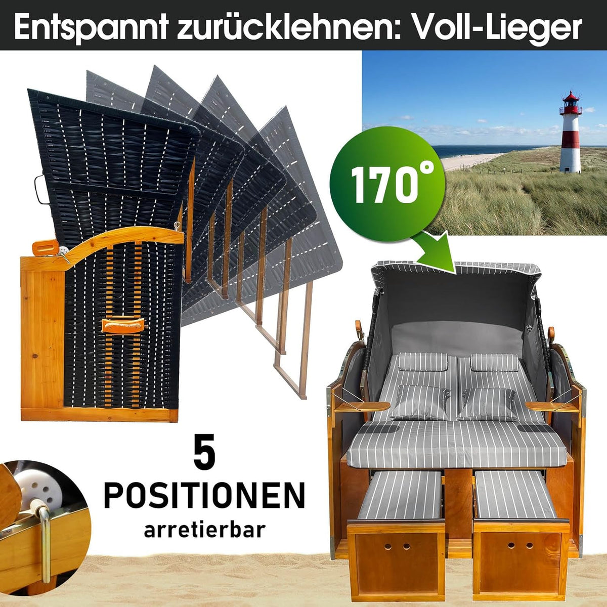 BRAST® Strandkorb Rügen Deluxe | für 2 Personen | 120cm breit | 5 Designs | inkl. wetterfeste Abdeckhaube | verstellbare Rückenlehne weiches Fußkissen | Anthrazit/Grau - gestreift