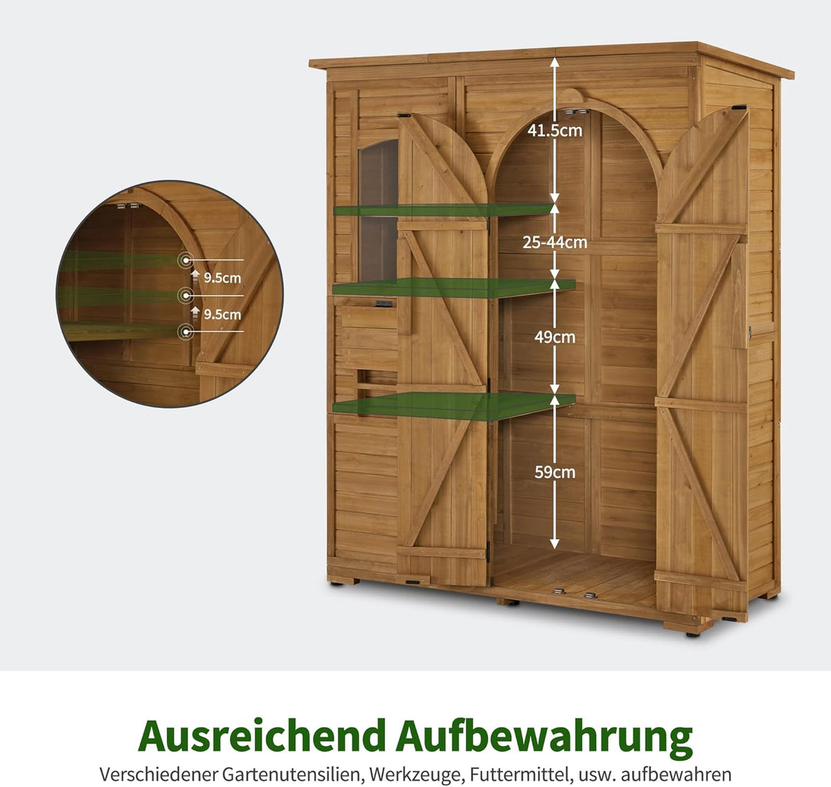 M MCombo Gartenschrank Geräteschuppen Holz Wetterfest, Gartenhaus Outdoor Wasserdicht Begehbar für Außenbereich Balkon Terrasse, Aufbewahrungsschrank mit 3 Regale 73×144×185 cm (Natur)