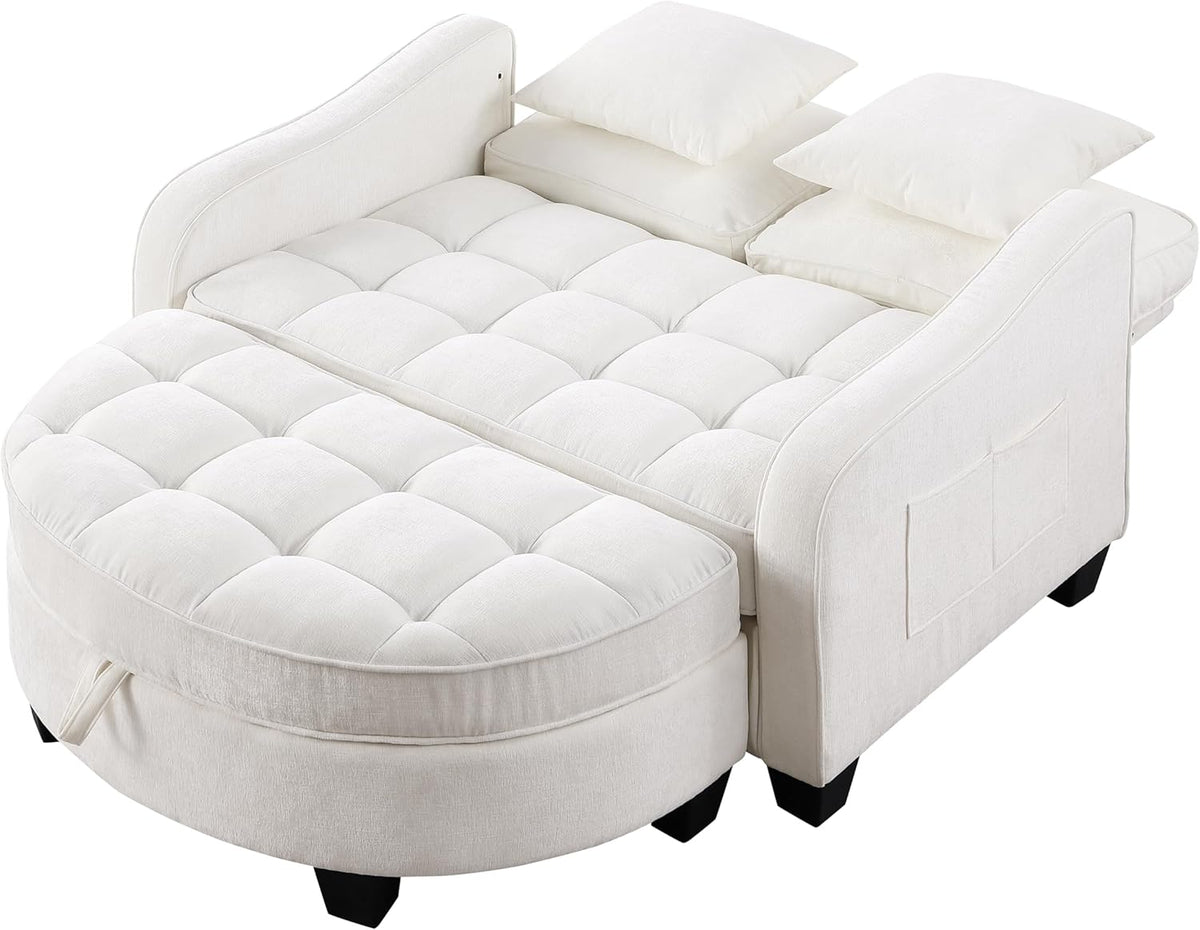 Sofa mit Schlaffunktion, 2-in-1 Schlafsofa, Modulares Sofa, Aufbewahrungs-Hocker & 4 Kisse, für Kleine Wohnzimmer, Studienzimmer, Schlafzimmer, 132×129×93cm (Beige)