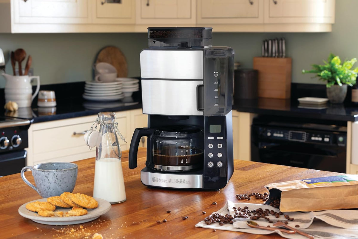 Russell Hobbs Kaffeemaschine mit Mahlwerk Glaskanne [Digitaler Timer, Brausekopf für opt. Extraktion & Aroma] Grind&Brew (1 bis 10 Tassen, 3-stufige Mahlgradeinstellung) Filterkaffeemaschine 25610-56