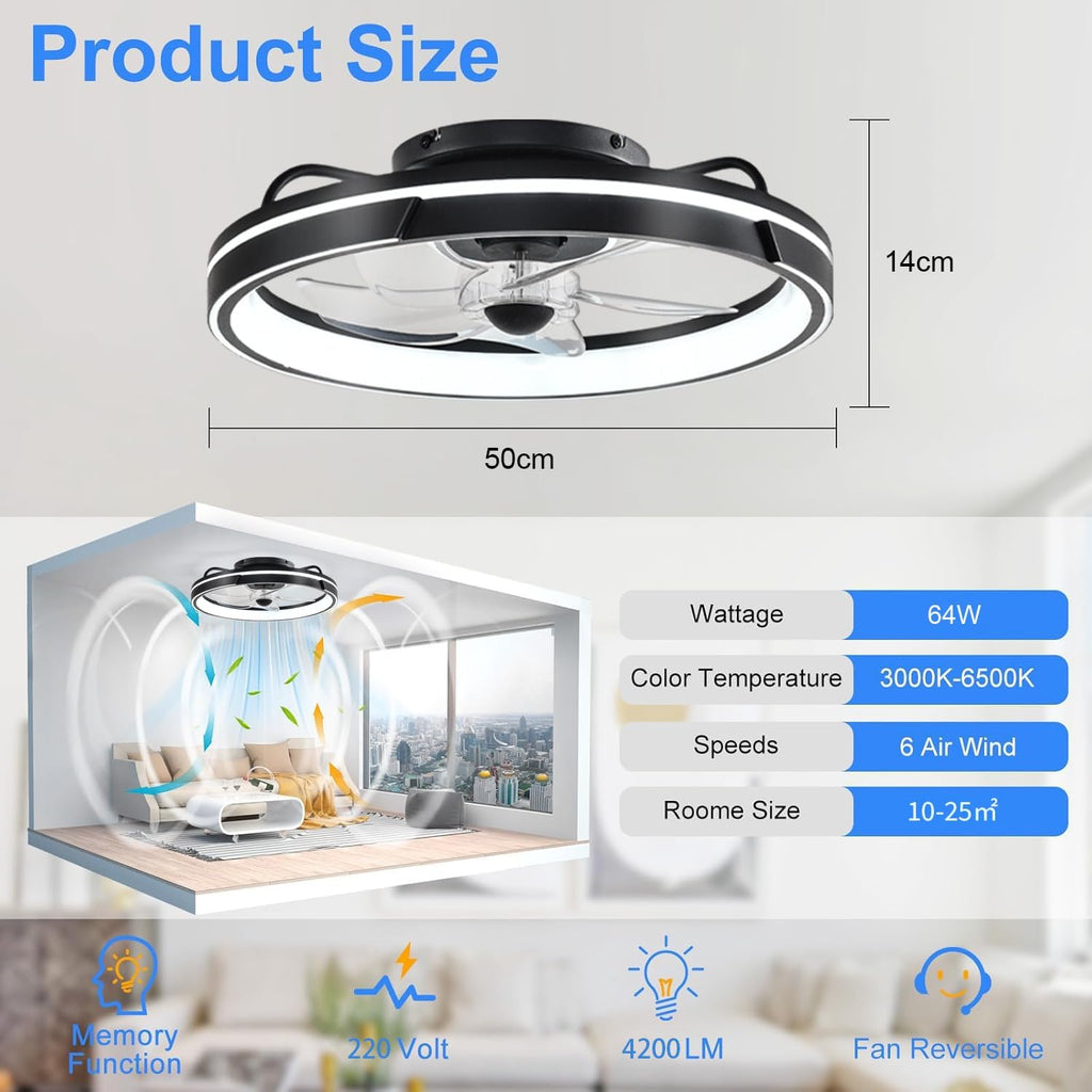 Leise Deckenventilator mit Beleuchtung, Dimmbar 64W LED Deckenleuchte mit Ventilator, Fernbedienung und APP, Timer, 6-Gang, 50cm Moderne Lampe mit Ventilator für Wohnzimmer Schlafzimmer Schwarz