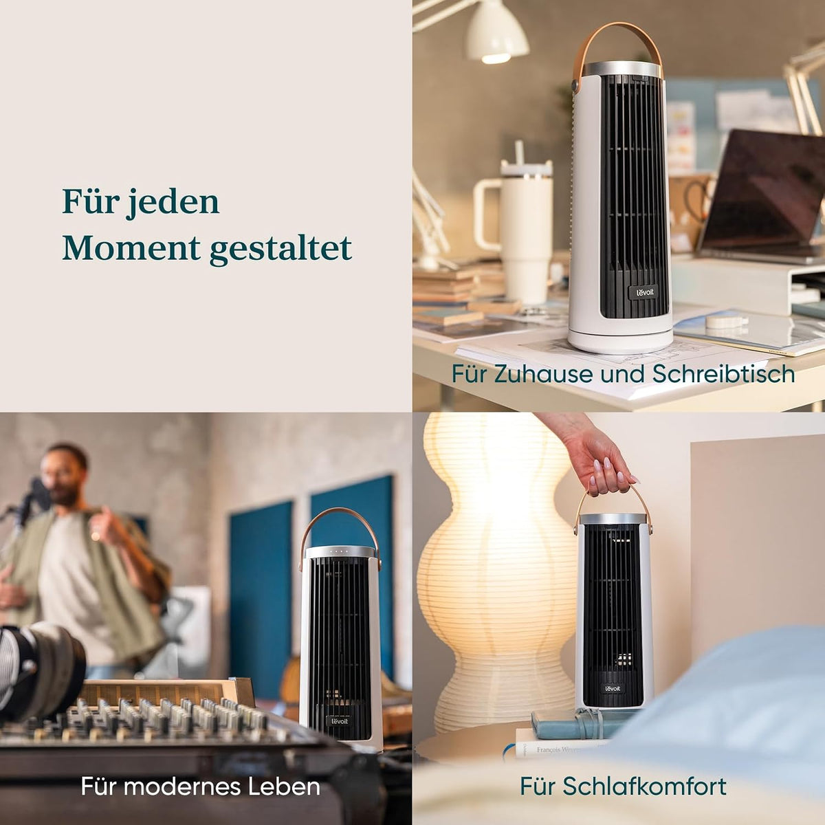 Levoit Kompakt Turmventilator DC Motor – leise ab 20dB Ventilator – 7m/s Kühlung – Tischventilator 5 Stufen/90° Oszillation/12 Std Timer/Fernbedienung – platzsparend, kleine Räume – Mondweiß, 33 cm
